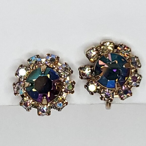 Vintage Aurora Borealis Rhinestone Screw Back Earrings Blue Clear Floral 5/8" - Picture 4 of 5